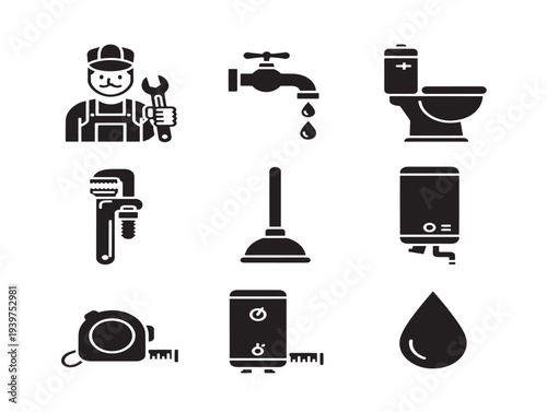 Minimalist plumbing and maintenance vector icons set