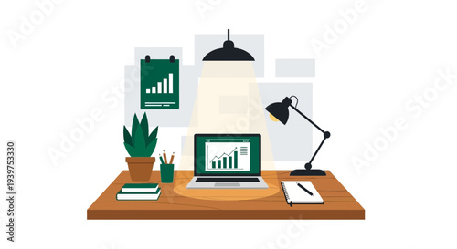 home office workspace with laptop and graph charts