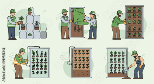 Vertical farm gardening steps with farmers cultivating plants.