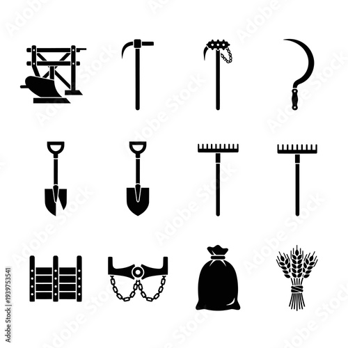 Traditional Agriculture and Medieval Farming Tools Icon Set
