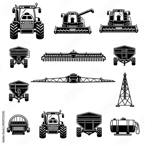 Agricultural Machinery and Farm Heavy Equipment Vector Icons