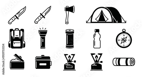 Black and White Camping Gear and Outdoor Survival Equipment Icon Set