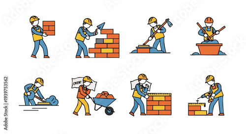 Construction Worker Building Brick Wall Process.