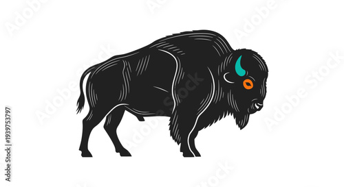 Colorful bison with blue eye makeup.