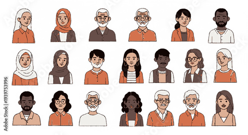 Diverse group of people illustrated in various ages ethnicities and professions with orange and white clothing against a clean white