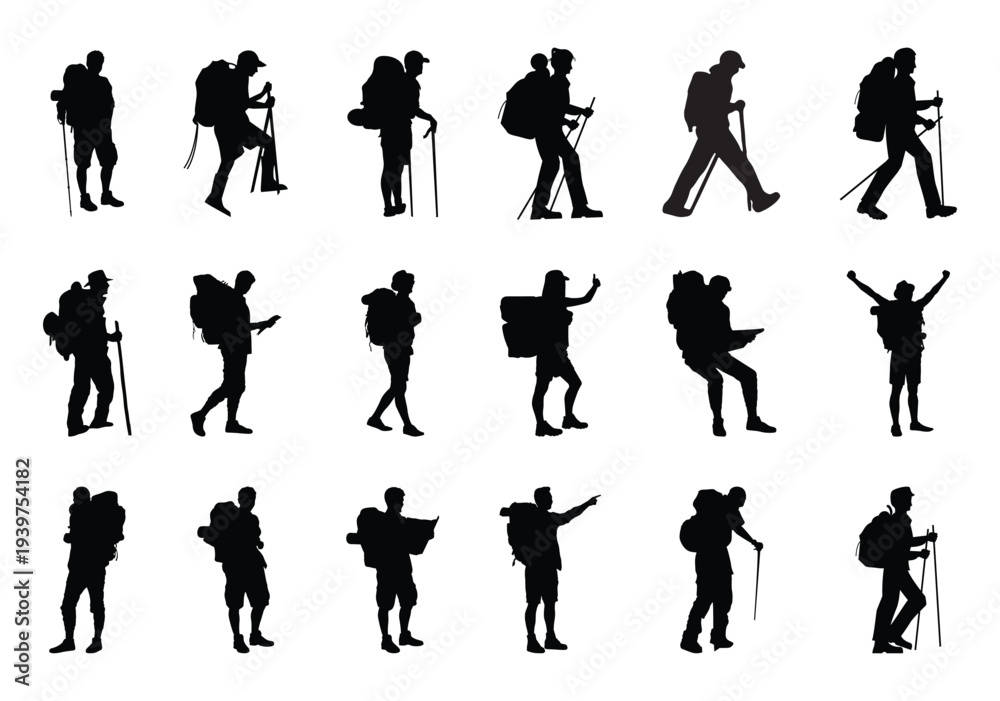 Fototapeta premium hikers vector silhouette illustration, shapes, icons, graphics