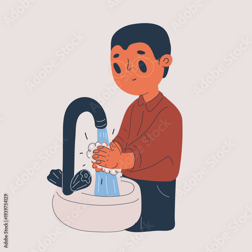 Cartoon vector illustration of a boy washing his hands under a faucet, hygiene and cleanliness concept