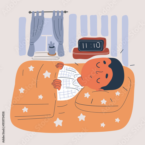 Cartoon vector illustration of a boy sleeping in bed, rest and relaxation concept