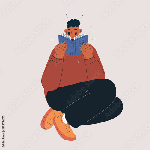 Cartoon vector illustration of a man reading a book, knowledge and learning concept