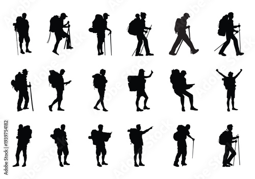 hikers vector silhouette illustration, shapes, icons, graphics
