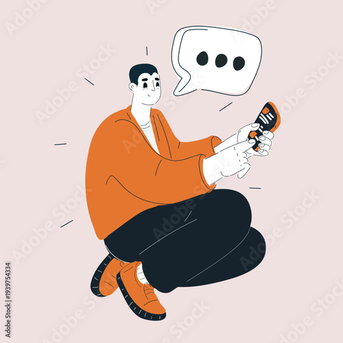 Cartoon vector illustration of a man surfing the internet while sitting comfortably on the floor, relaxed and cozy