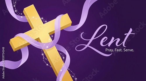Lent cross with purple ribbon for Semana Santa, pray fast serve, religious Christian celebration, Easter preparation