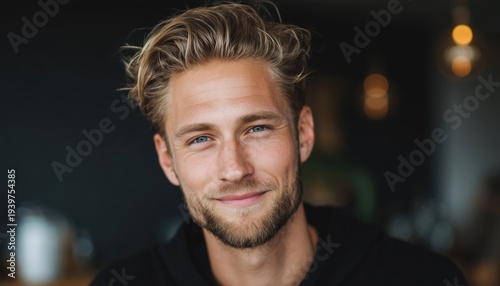 Attractive Man With Blonde Hair Smiling At The Camera, Embracing A Pleasant Day And Relaxing Indoors On Leisure Time