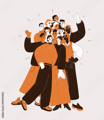 Cartoon vector illustration of a crowd of people waving hands together, showing celebration, excitement, or greeting
