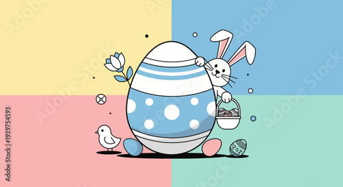 Flat Easter Holiday Promotional Cover Illustration with Four Solid Colors