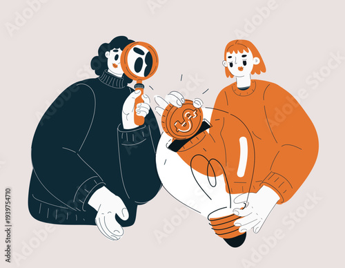 Cartoon vector illustration of a woman putting a coin into a lightbulb as a piggy bank while another girl watches through a magnifying glass, symbolizing saving, curiosity, and creativity