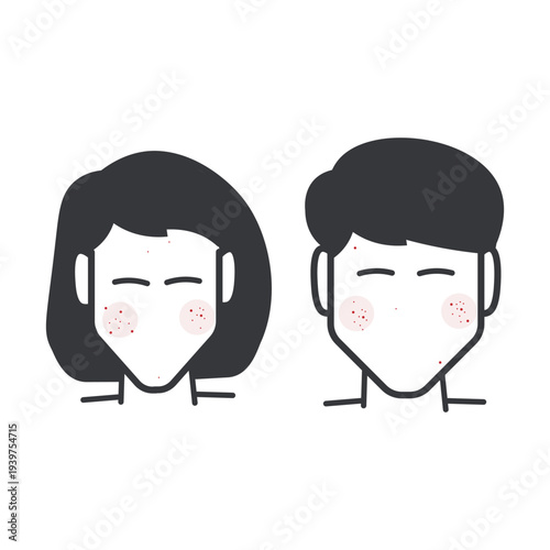 Isolated bundle outline icons of man and woman faces with acne spots representing skin problems, dermatology health, and beauty care concept