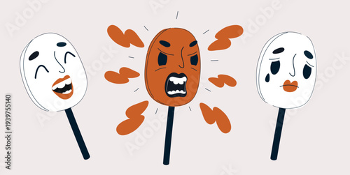 Cartoon vector illustration of masks showing different emotions, representing feelings, mood swings, or theatrical expressions