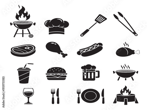 Vintage kitchen utensils and food icons set