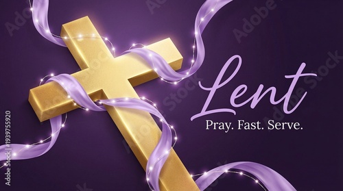 Golden cross wrapped in purple ribbon for Lent and Semana Santa with pray fast serve text on dark background