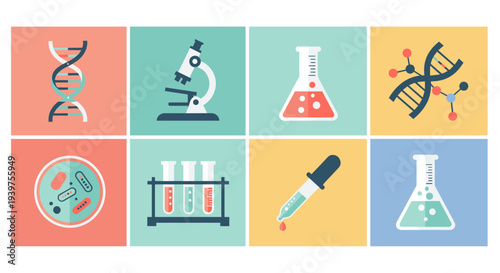 Laboratory Equipment and Scientific Icons Set.