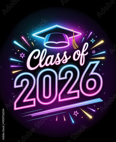 Neon Class of 2026 Graduation Design with Futuristic Glow Typography and Graduation Cap