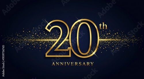 A digital graphic celebrating a 20th anniversary with gold text and sparkles on a black background