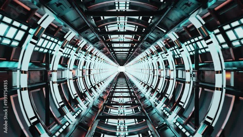 Futuristic Sci Fi Spaceship Corridor With Neon Lights And Metallic Symmetrical Architecture