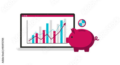 Saving money online with financial graphs on laptop