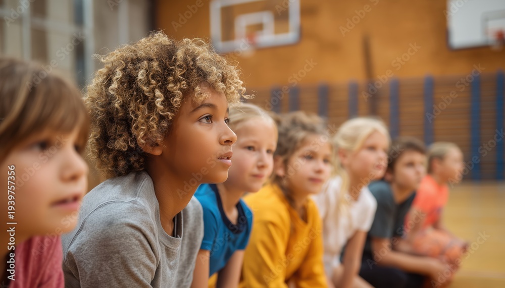 Fototapeta premium Diverse Group Of Students Engaging With Sports Teacher In Physical Education Class At School Gym, Representing Multiple Ethnic Backgrounds.