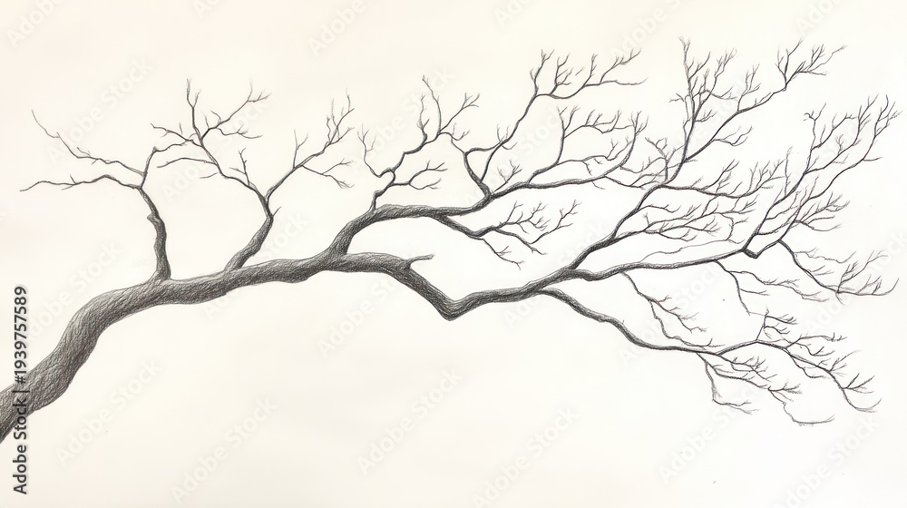 Fototapeta premium Pencil sketch of bare tree branch on plain background
