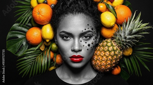 Citrus fruit portrait, Orange lemon frame, Creative beauty makeup, Fresh fruit theme, Artistic skin texture, Food related portrait, Vibrant citrus aesthetic, Orange fruit crown, Fresh citrus makeup