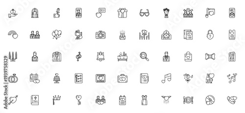 Wedding icon set. Vector illustration pack with rings, bouquet, cake, bride, groom, church and more. Includes love, marriage, celebration symbols. Editable stroke.