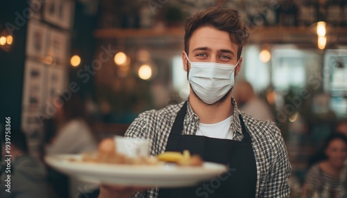 Happy Young Waiter In A Protective Face Mask Serving Food At A Restaurant In A Cheerful Manner With Caution.