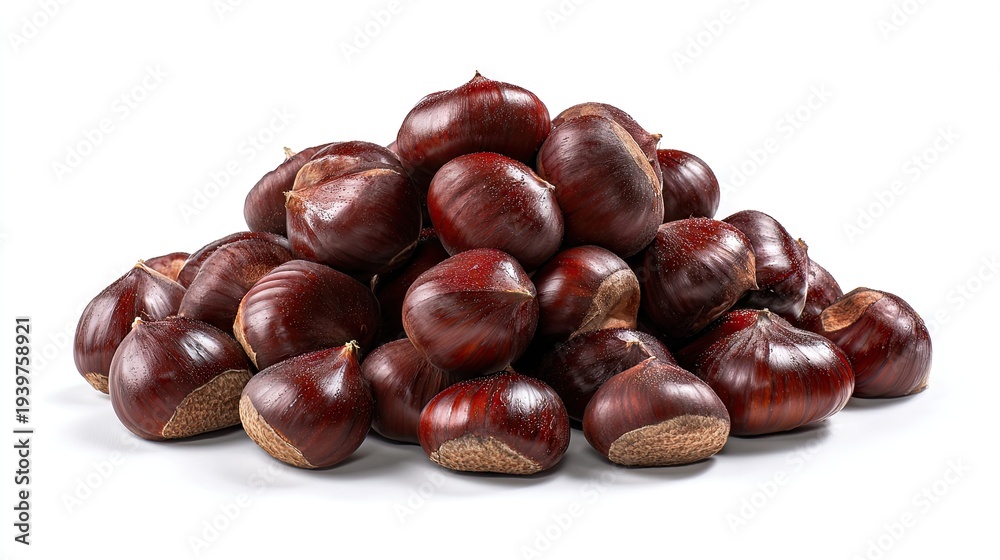 Obraz premium Pile of fresh chestnuts isolated on white background for culinary usage