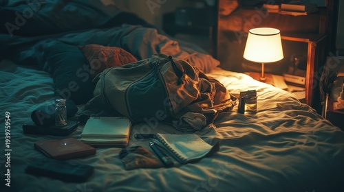 Backpack and personal items on bed in warm lamplight