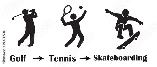 Sports evolution silhouette: transition from golf and tennis to skateboarding on white background.