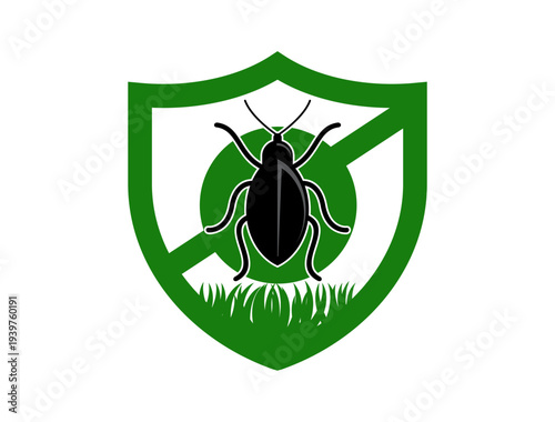 Prohibition parasitic insects - Prohibited insect sign - Green Shield Logo with Black Beetle and Prohibition Circle Over Grass
