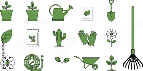 Gardening tools and plants icon set
