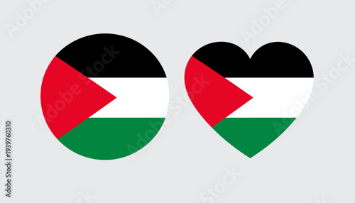 Elegant Palestinian flag icons, presented in a traditional circular emblem and a loving heart shape, symbolizing national pride, identity, and rich cultural heritage