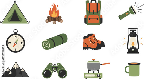 Camping and outdoor adventure icons and symbols