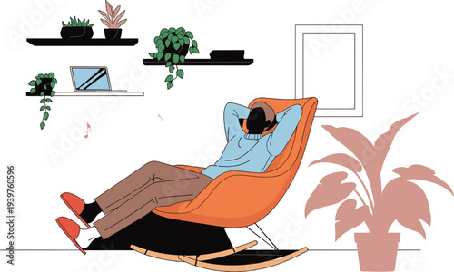Man relaxing in a rocking chair at home office, cozy workplace with indoor plants and laptop flat vector illustration