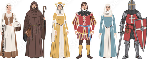 Set of medieval characters and people, collection of historical figures including knight, monk, and noble flat vector illustration