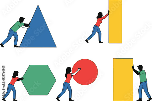 Set of people pushing large geometric shapes, collection of characters moving triangle circle and square flat vector illustration