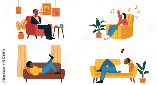 Set of people relaxing and resting at home, collection of characters lounging on sofa and armchair flat vector illustration