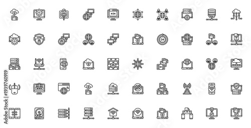 Networking icon set. Vector icons pack for upload, settings, ethernet, network, VPN, cloud, server, security, wifi and more. Editable stroke.