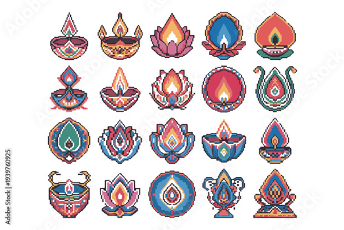Collection of colorful pixel art vector icons featuring traditional Indian oil lamps known as diyas used during festive celebrations