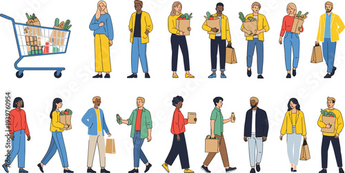 Set of people with shopping bags and groceries, collection of diverse characters carrying paper bags and using shopping cart flat vector illustration
