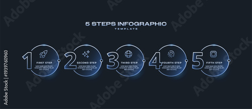 Dark Tech Vector Infographic Label Template with Neon Blue Gradient, Icons and Numbers, 5 Options or Steps for Process Diagram, Presentation, Workflow Layout, Banner, Flowchart, and Data Visualization