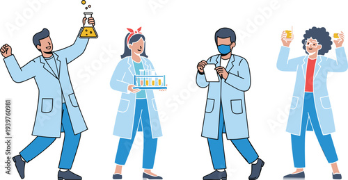 Set of scientists working in a laboratory, group of researchers with test tubes and chemical equipment flat vector illustration